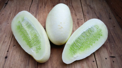 Cucumber White Wonder sliced in half lengthwise.