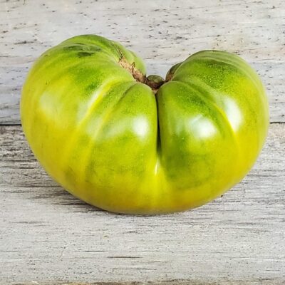 Tomato Aunt Ruby's German Green tomato with a yellowish green skin.