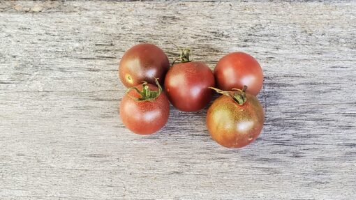 Five Black Cherry Tomatoes on a wooden surface.