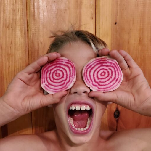 Beet Chioggia Bassano beet slices used to make a funny face.