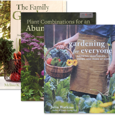 Three different Plan Your Garden Book Bundle covers featuring lush plants and gardening activities.