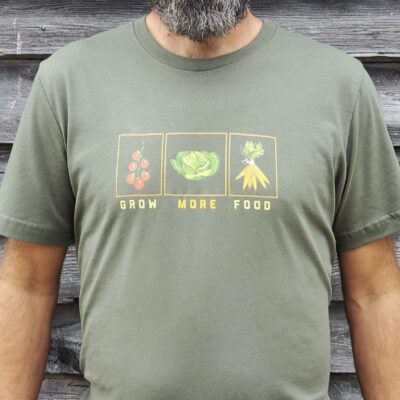 Military green Grow More Food shirt.