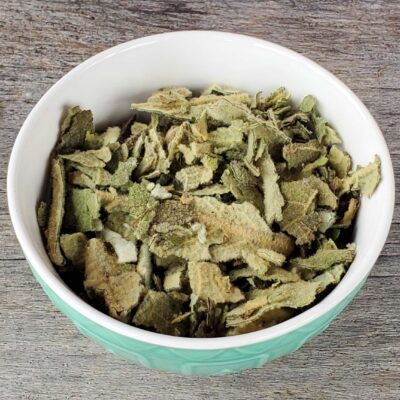 A bowl filled with fuzzy dried mullein leaves.