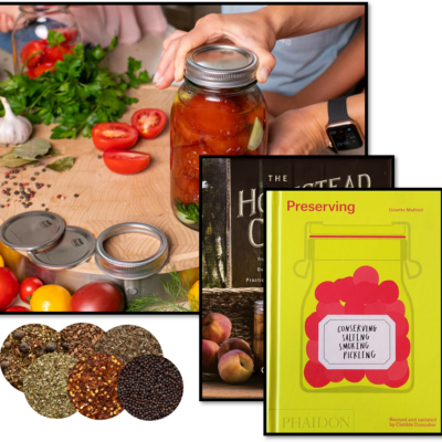 Books, spices, and canning lids for Food Preservation Bundle.