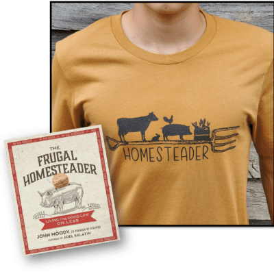 Frugal Homesteader book with shirt.