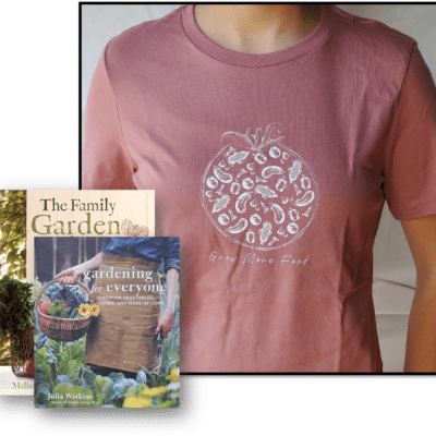 Grow More Food women's shirt with books on the side.