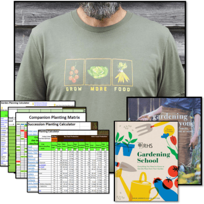 A person sporting a shirt from the "Grow More Food Bundle" stands surrounded by an array of gardening guides and planning materials.