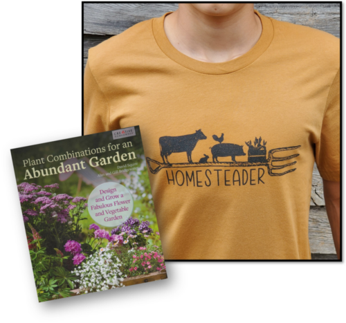 Savvy Homesteader Bundle - Seeds for Generations Homesteader shirt with Plant Combinations book.