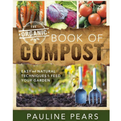 The Organic Book of Compost front cover with pictures of dirt and garden produce on it.