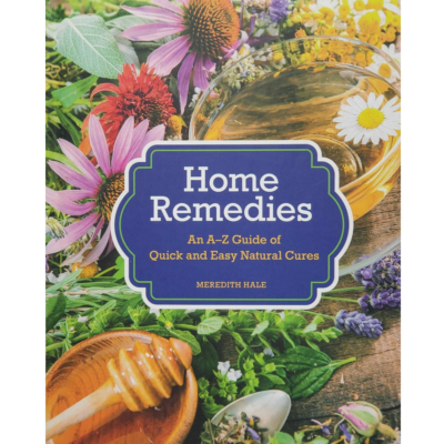 Home Remedies front cover with lots of pictures of herbs and other natural remedies on it.