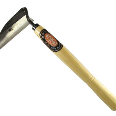 A Right Handed Gama Hoe 13" with a curved steel blade and a light wooden handle, used for gardening.