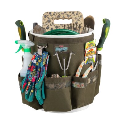 The Garden Boss Bucket Tool Organizer filled with various tools including gloves, pruners, trowels, seed packets, a hand rake, a spray bottle, a garden hose, and even a trusty garden hoe.