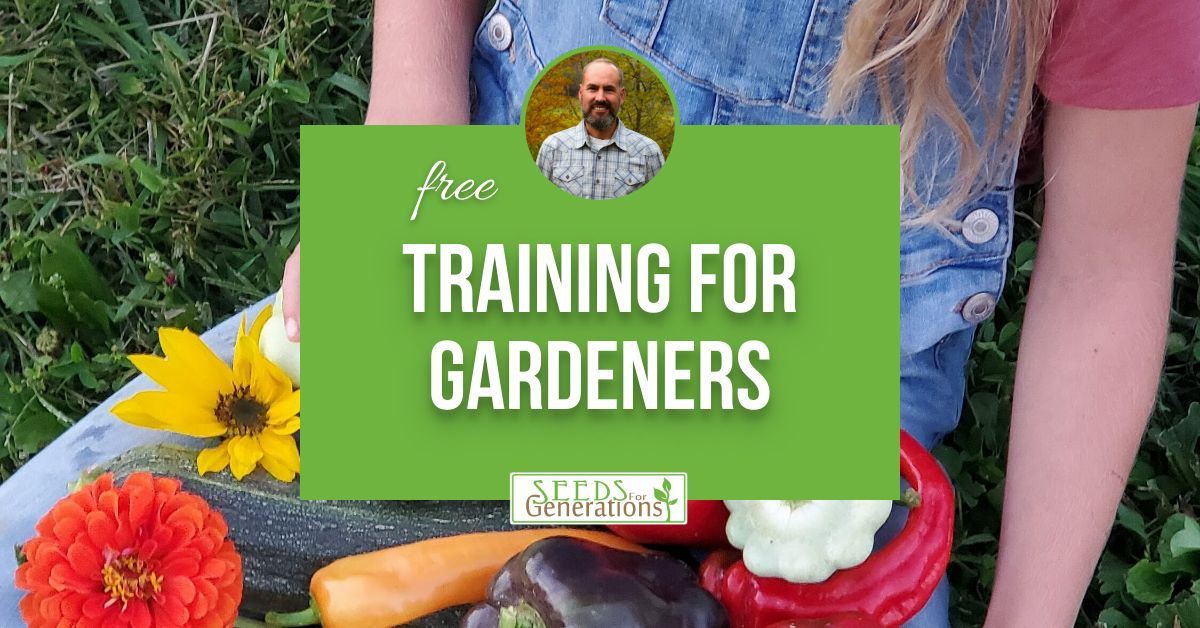 A sign reads "Free Training for Gardeners" with a background of various vegetables and flowers, and a logo that says "Seeds for Generations." A person holding the produce is partially visible.