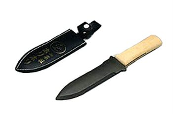 The Hori Hori Knife, featuring a wooden handle, is displayed next to a black sheath on a white background.