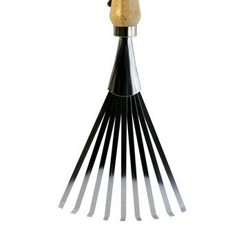 Black tined shrub rake with a wooden handle.