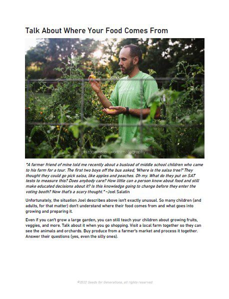 Guide to Gardening with Kids - Seeds for Generations A man is in a garden studying green plants, while the text below delves into teaching children about the origins of food with the "Guide to Gardening with Kids.