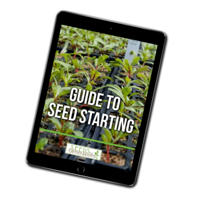 Image of a tablet displaying the "Seed Starting Guide" cover, featuring young plants inside a greenhouse.