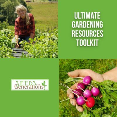 A person gardening in a field and holding freshly picked radishes. Text reads "Ultimate Gardening Bundle" and features the "Seeds for Generations" logo.