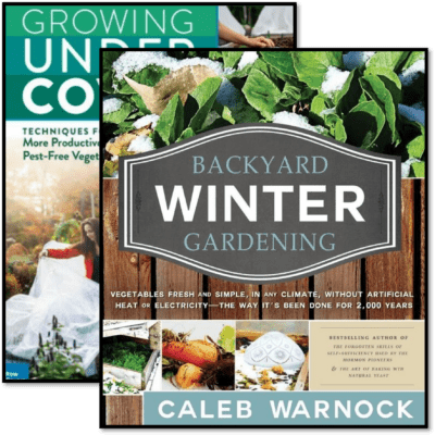 Three gardening books form a stack with the "Winter Gardening Bundle" on top, showcasing fresh produce and a snowy garden.