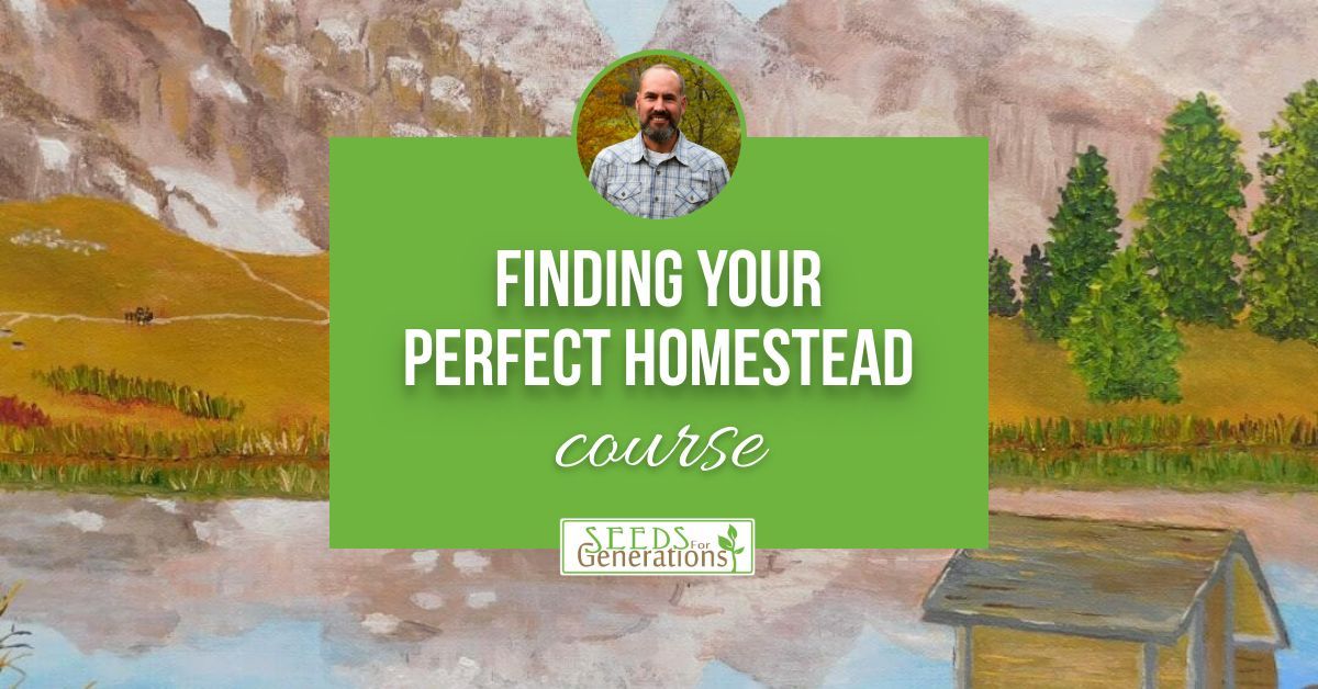 Green banner with "Finding Your Perfect Homestead Course" text, featuring a small photo of a man and a background of a pastoral landscape with mountains and a lake.
