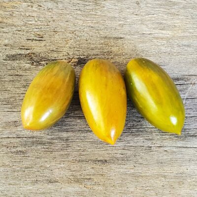 Three Tomato Grape Reisenstraube fruits, yellow-green and oval-shaped, rest on a wooden surface.