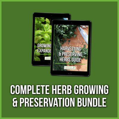 Two tablets show e-book covers: "Growing & Expanding Herbs" and "Harvesting & Preserving Herbs Guide," against a green background. Text reads: "Complete Herb Growing and Preservation Bundle," featuring comprehensive guides on herb cultivation and preservation techniques.