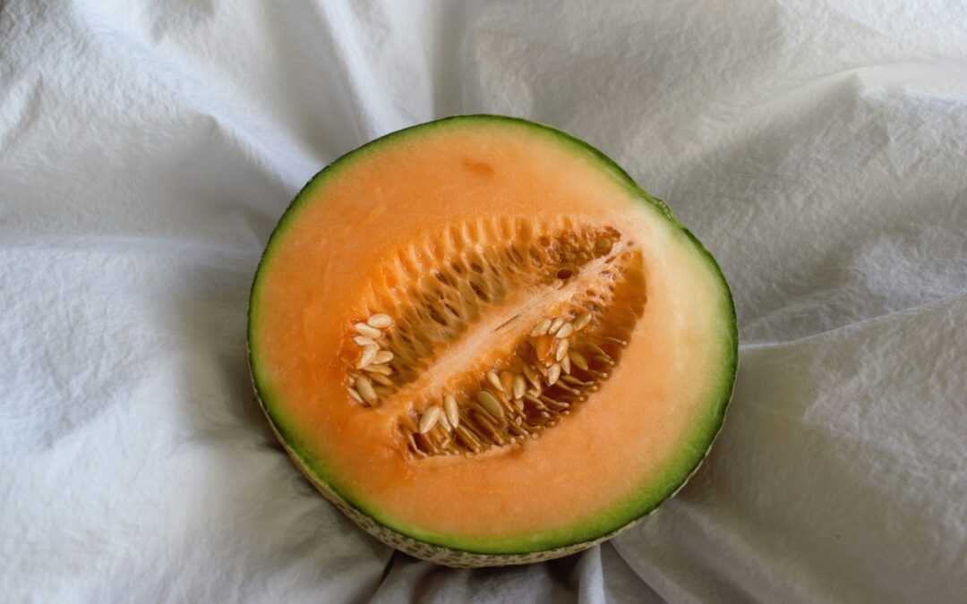 A halved cantaloupe melon with seeds visible in the center, placed on a white fabric background—perfect inspiration for growing cantaloupes vertically using a vertical melon trellis in your own garden.