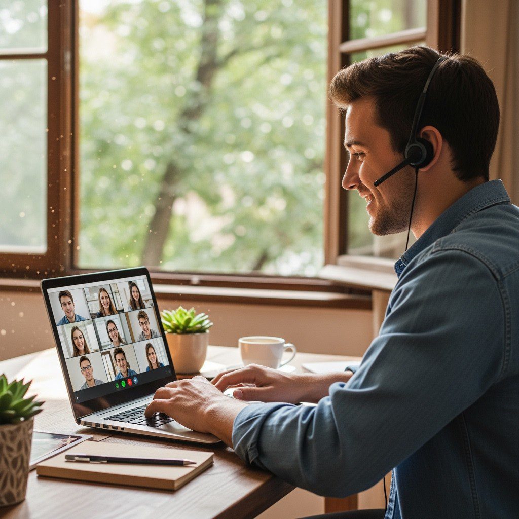 A man wearing a headset participates in a video conference on his laptop at a desk by a window, with several colleagues visible on the screen.